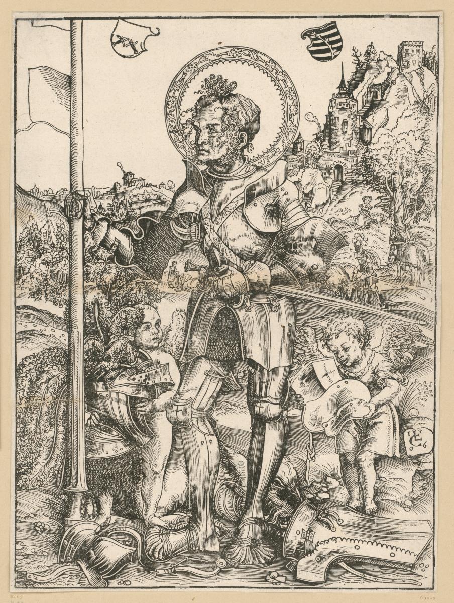 Der Hl. Georg, stehend, mit Fahnenlanze und zwei Engeln