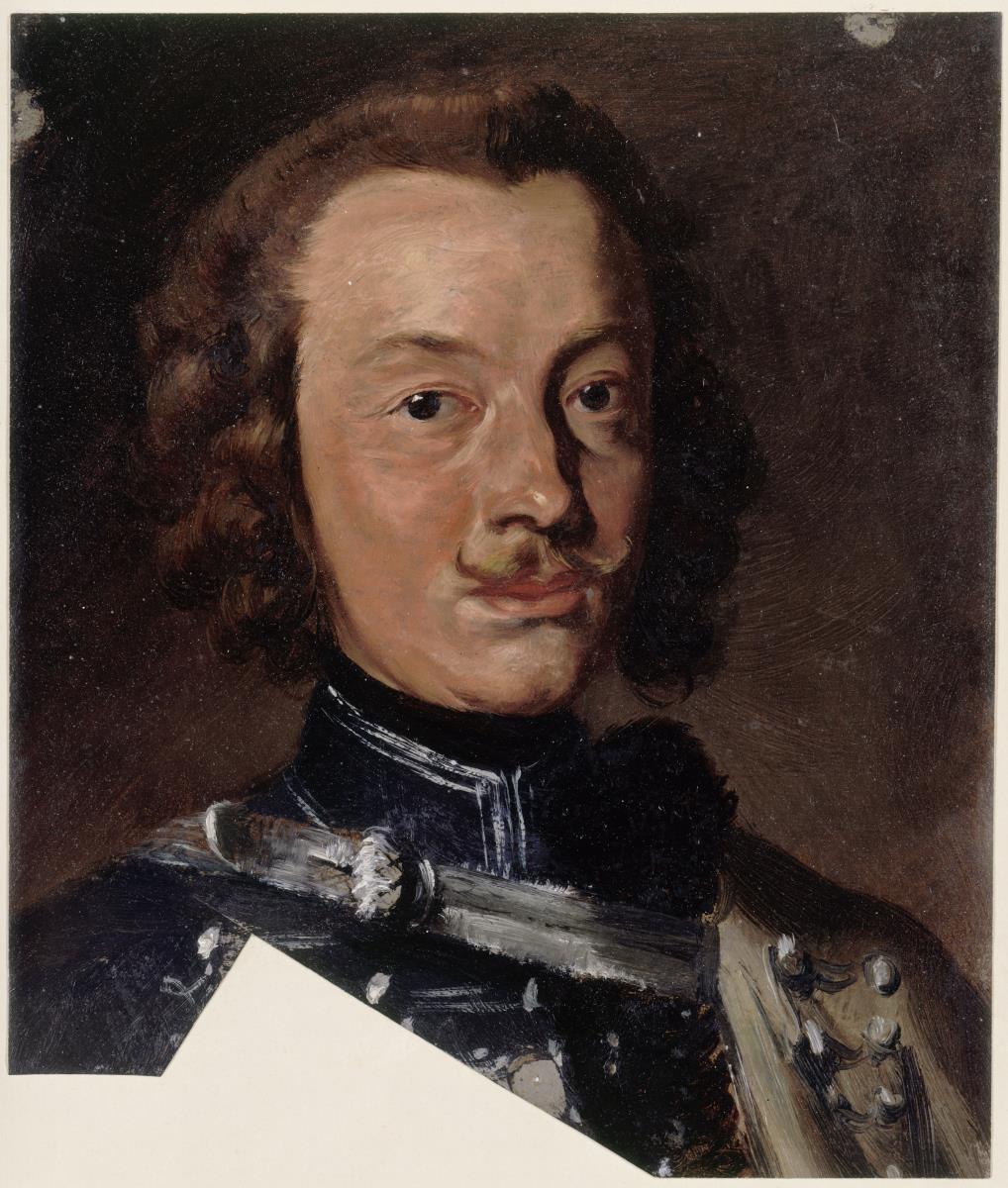 Friedrich Wilhelm Freiherr von Seydlitz-Kurzbach, preußischer Kavalleriegeneral, Eskadronschef des Husarenregiments Nr. 4, (im Bilde unten Ausriss des Dolman-Verschnürungs-Details); Kopf nach rechts, geradeaus blickend