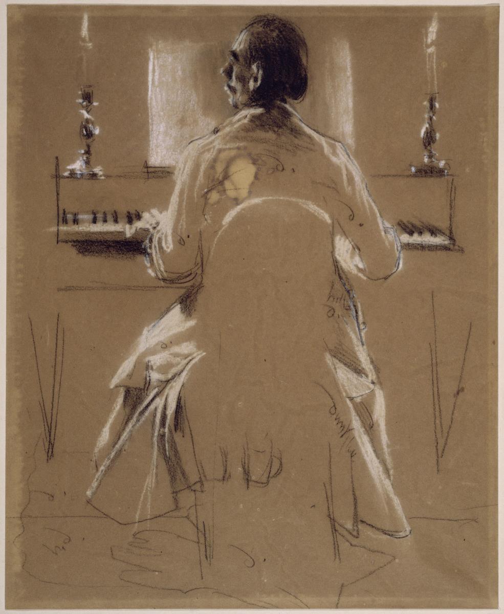 Modellstudie (Menzels Bruder Richard) für Philipp Emanuel Bach am Klavier bzw. Hammerflügel. Vorstudie zum Gemälde "Flötenkonzert Friedrichs des Großen in Sanssouci"