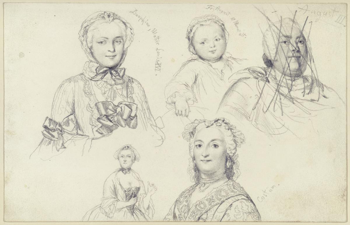 August III. König in Polen und Kurfürst von Sachsen (nach einem Pastell von Mengs), Kurfürst Friedrich August III von Sachsen als Kind, Marie Josephine Dauphine von Frankreich, geb. Prinzessin von Sachsen und Mutter Ludwig XVI, Maria Anna Kurfürstin von Bayern, Dorothea Sophie Thiele