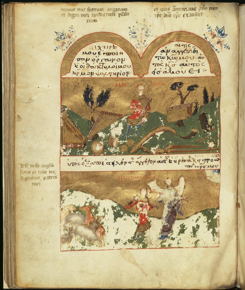 Psalterium und Breviarum graeco-latinum: David Zither spielend in einer Landschaft mit Musikinstrumenten. Der Engel führt David von der Herde weg