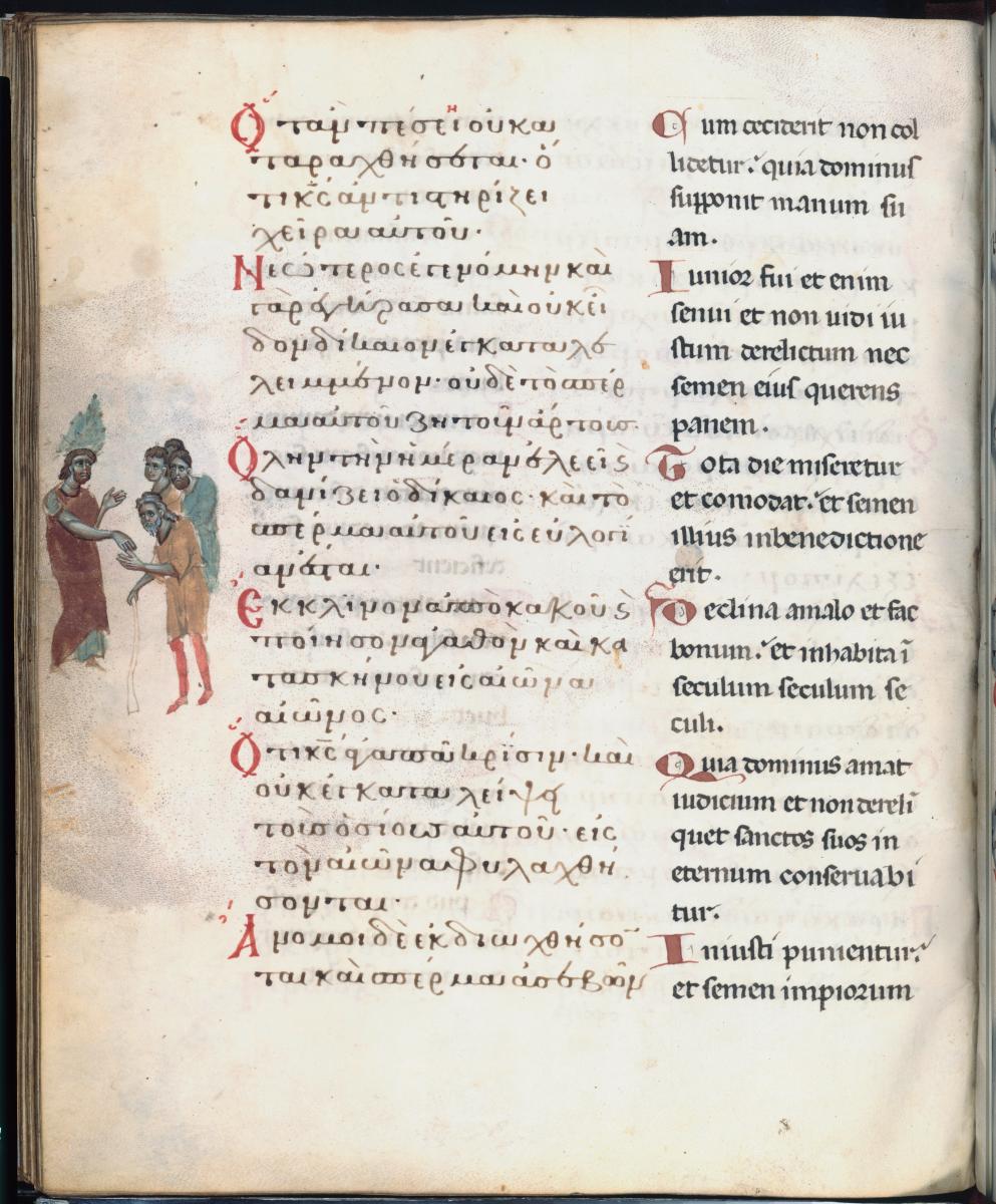 Psalterium und Breviarum graeco-latinum: Der Gerechte mit einem Strauch auf dem Kopf gibt Almosen an Arme