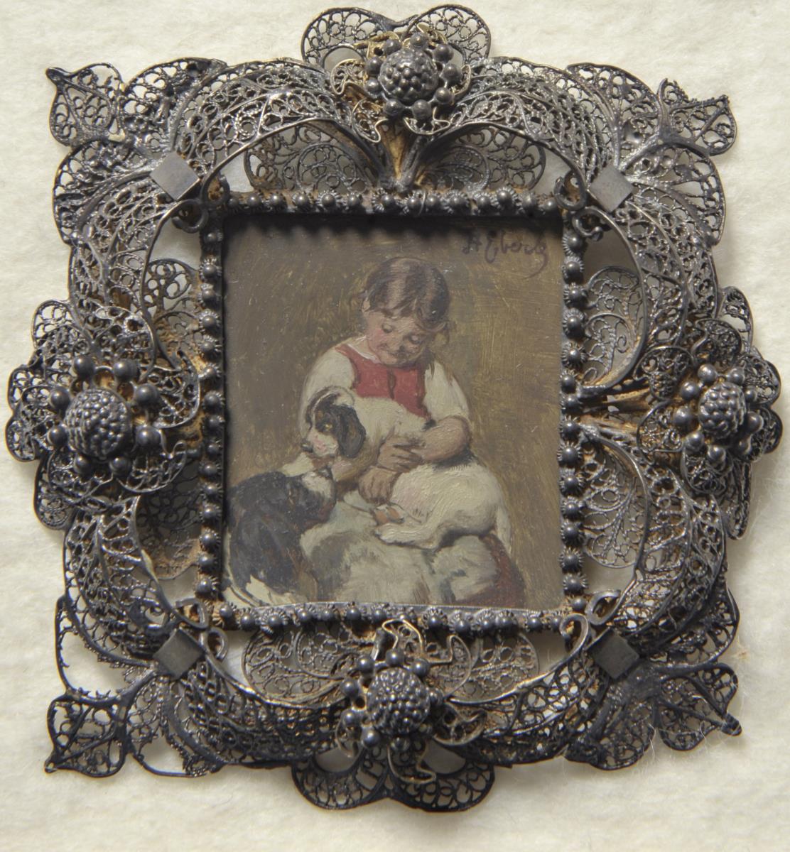 Mädchen mit zwei Hunden. Miniatur aus der Sammlung Loewe