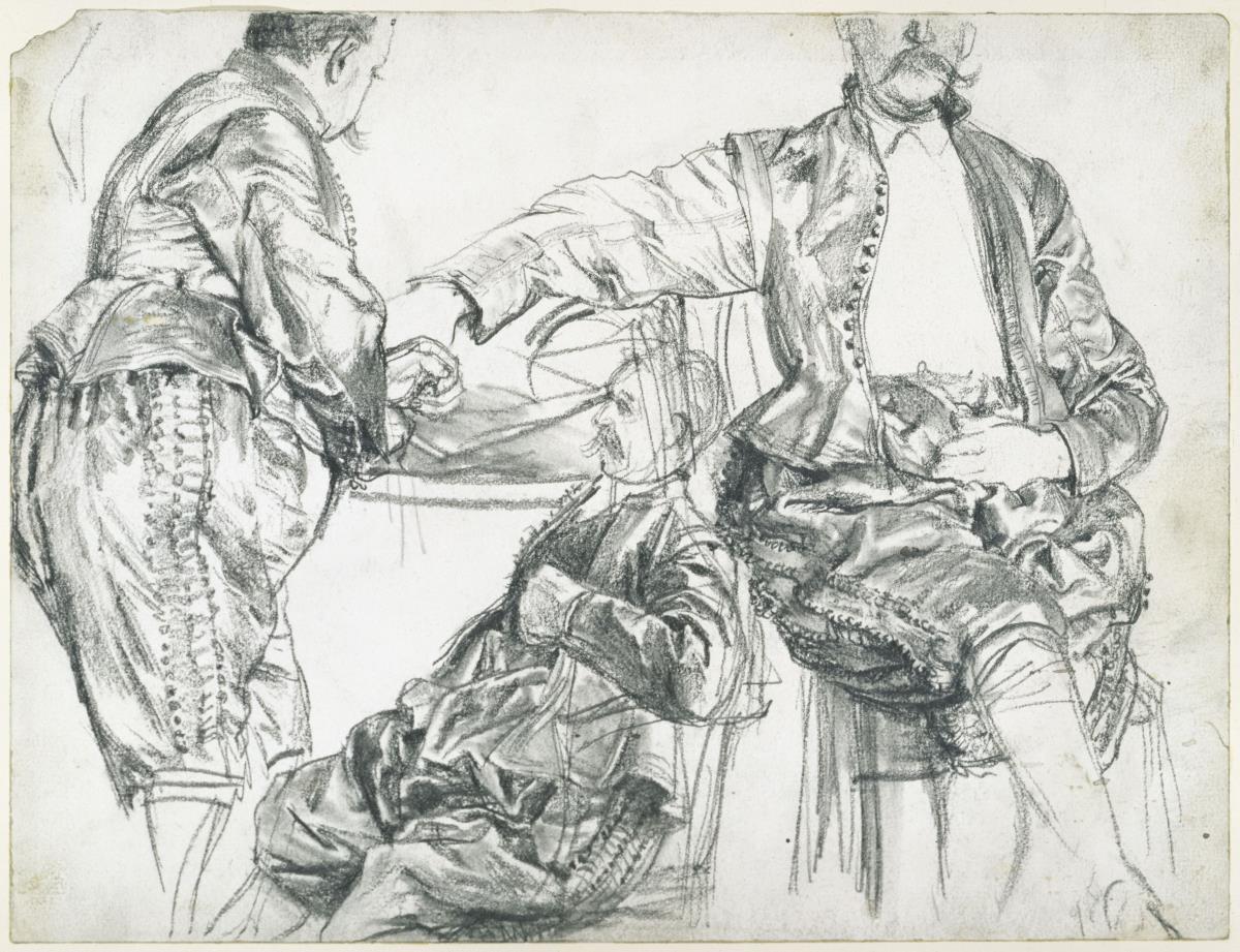 Drei Studien nach einem männlichen Modell im Prunkkleid des Kurfürsten Johann Georgs I. von Sachsen, sitzend und stehend (Wams und Kniehose), Historisches Museum, Dresden