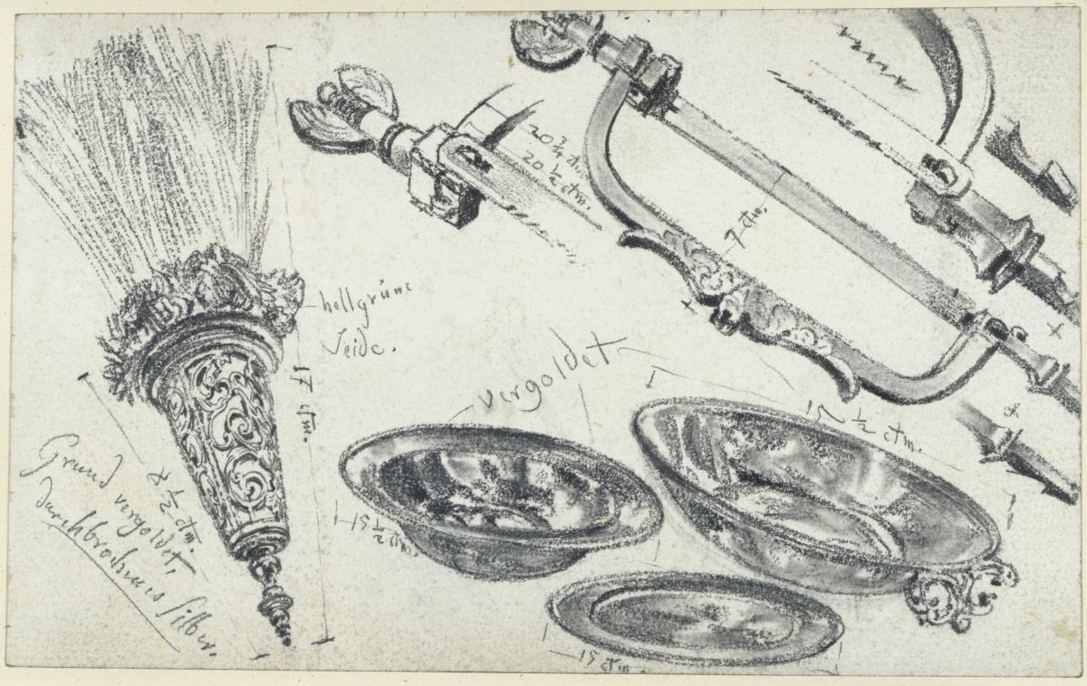 Bügelsäge, Metallteller und Pinsel mit Silbergriff aus dem Jagd- und Arbeitstisch Kurfürst Johann Georgs I. von Sachsen, Historisches Museum, Dresden