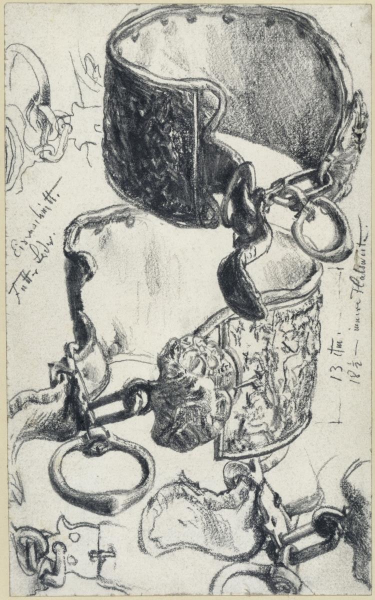 Hundehalsband für einen "Saupacker" aus dem 17. Jahrhundert in zwei Ansichten und Detailstudien, Historisches Museum, Dresden