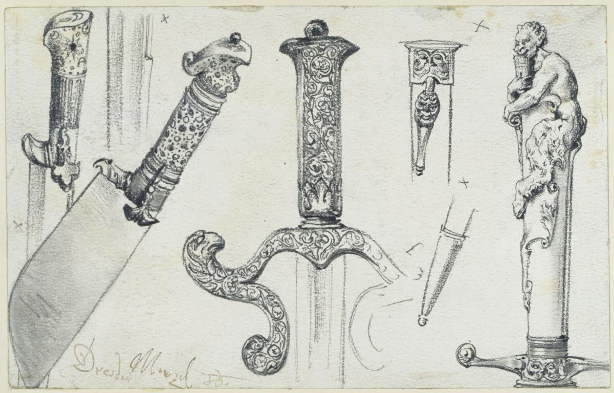 Weidmesser vom Ende des 16. Jh, Jadgschwert aus der 1. Hälfte des 17. Jh sowie der "Permoser"-Hirschfänger vom Anfang des 18. Jh., Historisches Museum, Dresden