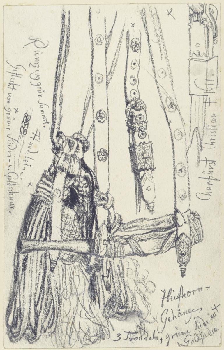 Jagdhorn, Hornfessel und Hornseil  zur Smaragd-Jagdwafffengarnitur Johann Georgs I. von Sachsen, Historisches Museum, Dresden