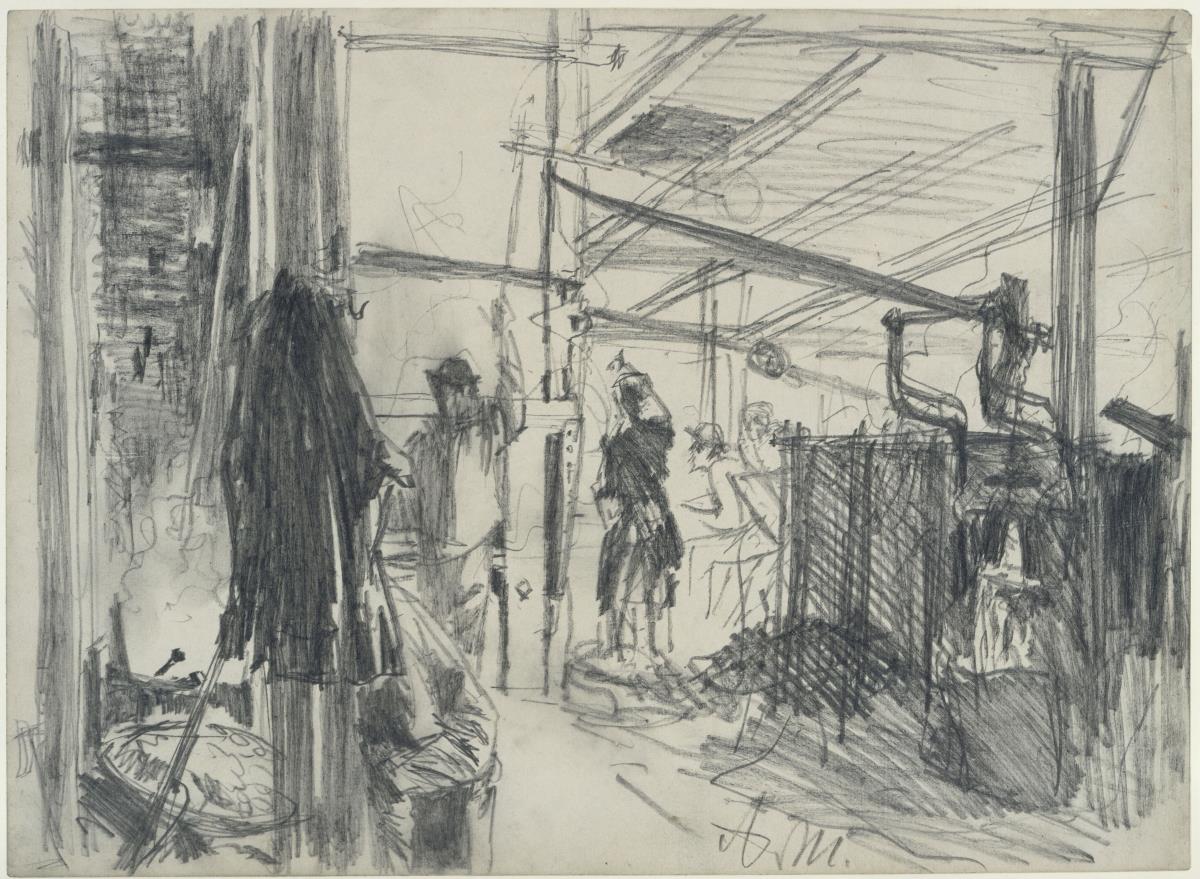 Maschinenraum im Walzwerk. Studie zum "Eisenwalzwerk. Moderne Cyklopen"