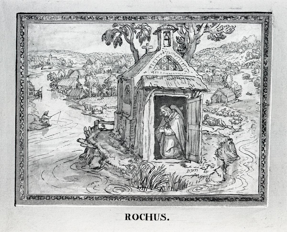Der hl. Rochus in seiner Einsiedlerhütte an einem Fluss