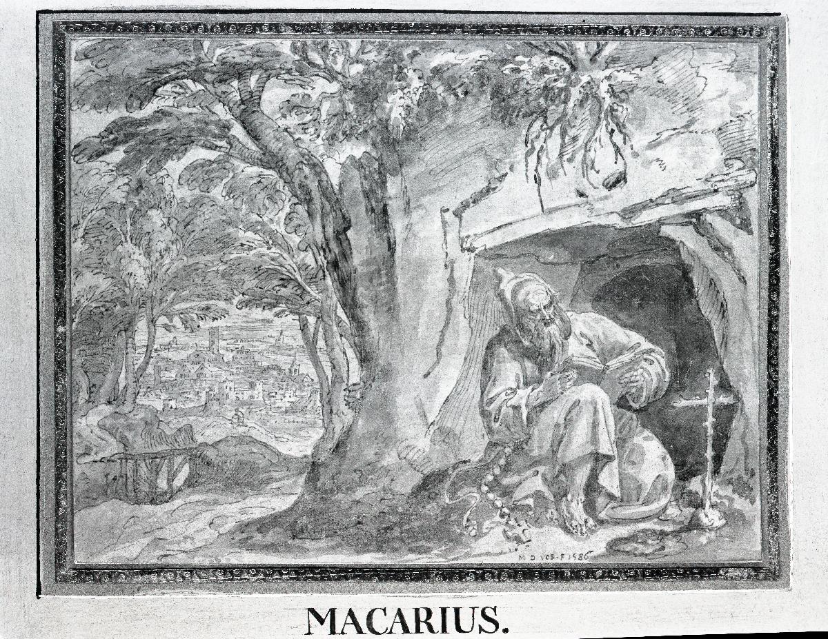 Der Einsiedler Macarius (Elias) vor seiner Hütte in einem Buch lesend
