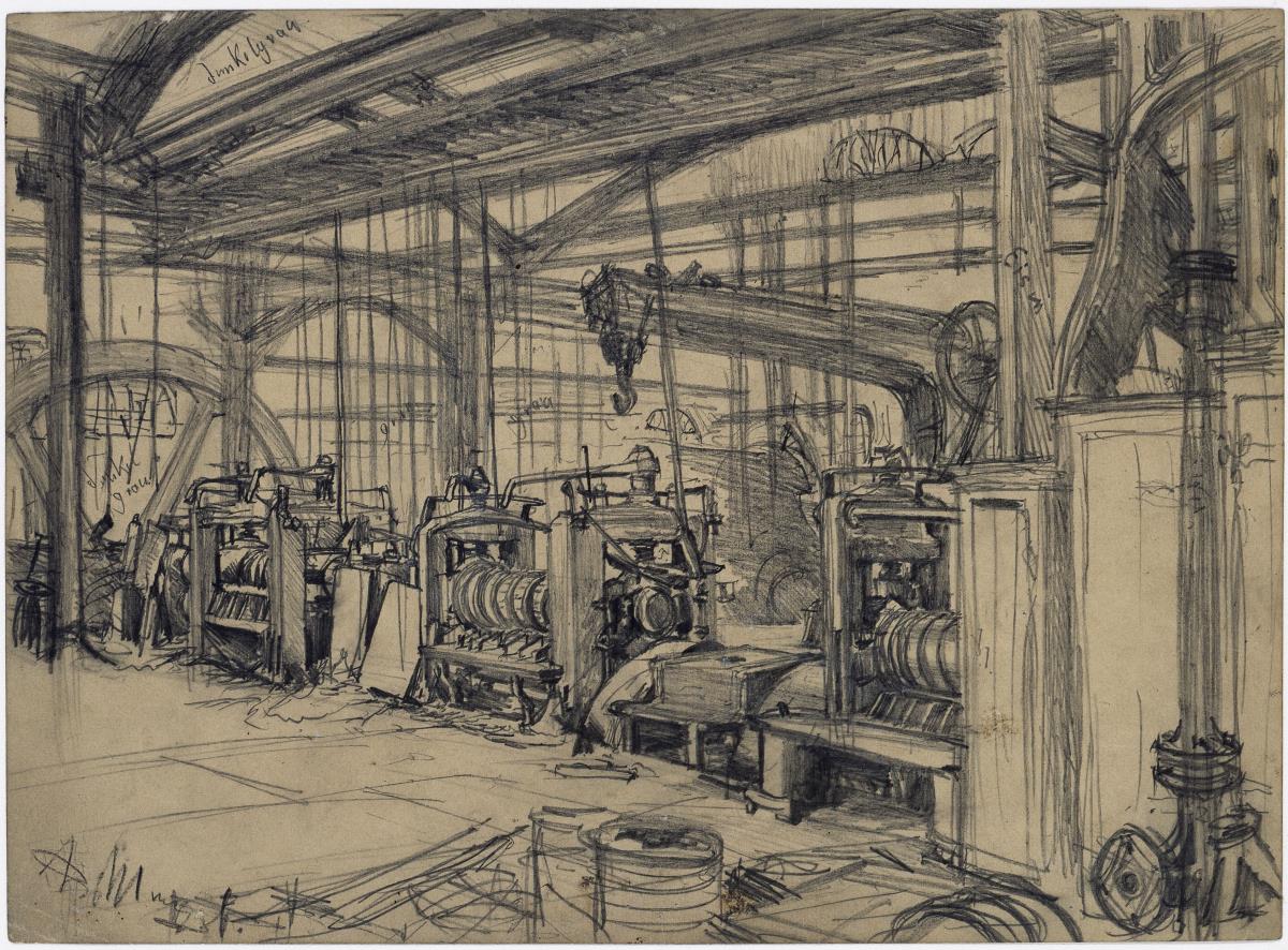 Halle im Walzwerk Königshütte. Studie zum "Eisenwalzwerk. Moderne Cyklopen"