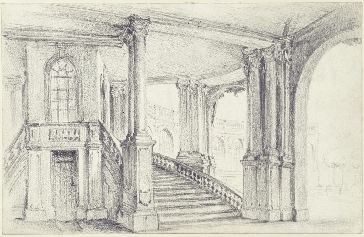 Blick durch den Stadtpavillon auf die südöstliche Bogengalerie im Zwinger in Dresden