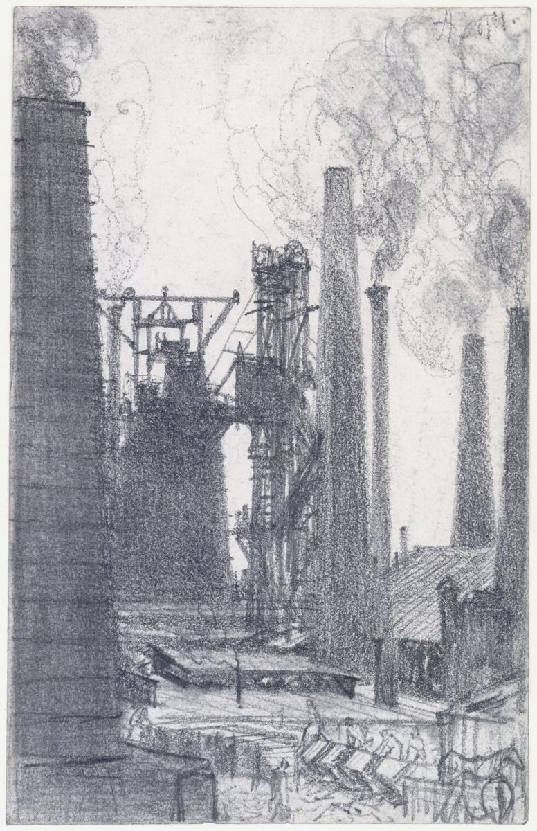 Fabrikplatz mit rauchenden Schloten (Königshütte?)