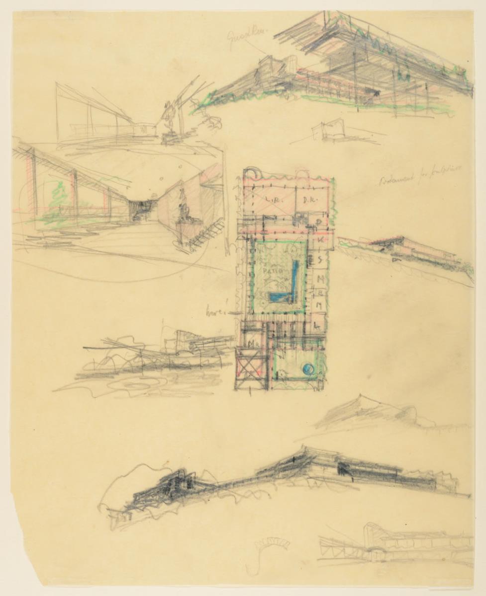San Francisco, Haus Walter Haas, Grundriss, echs Ansichten, zwei Innenräume