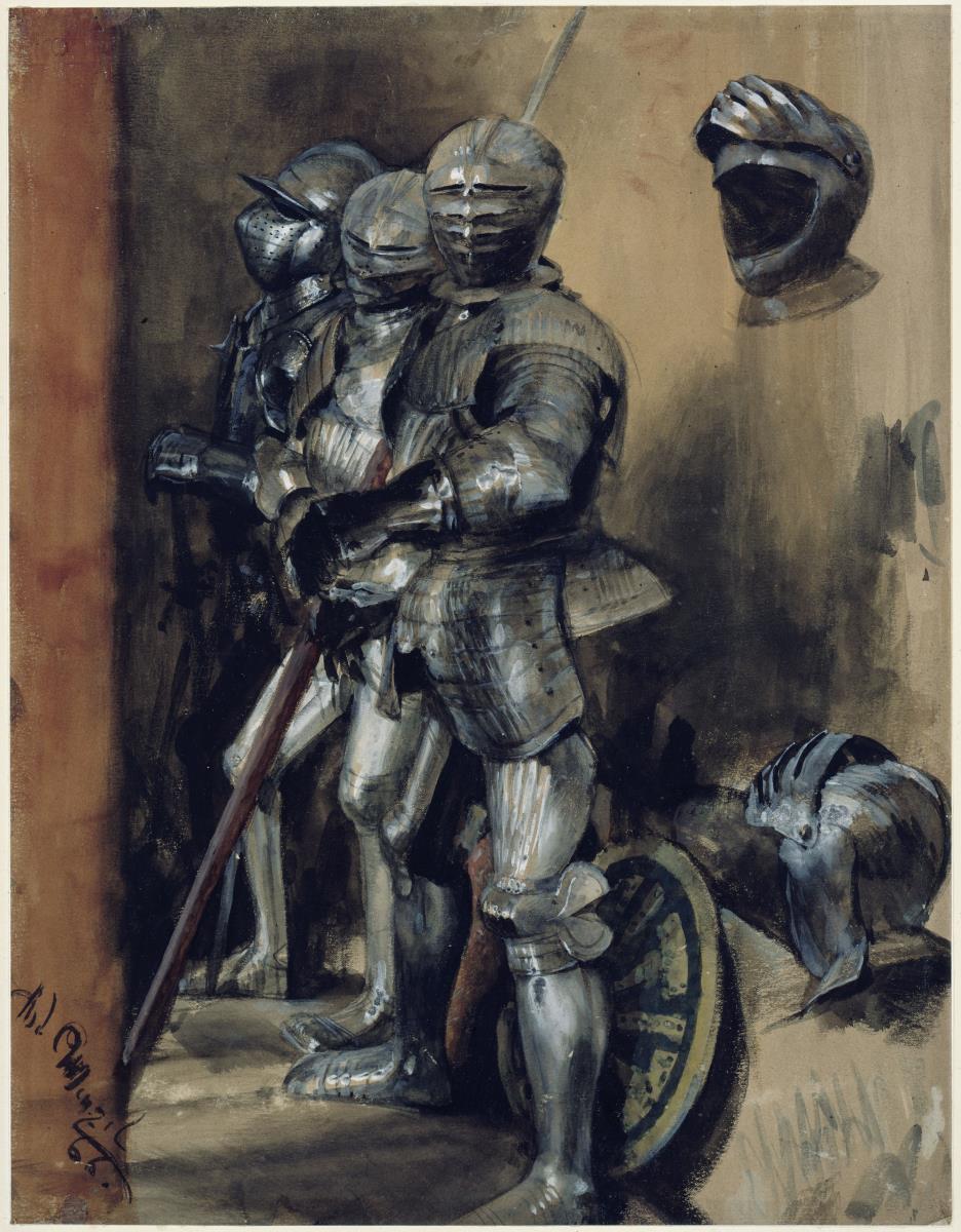 Drei Rüstungen und zwei Helme
