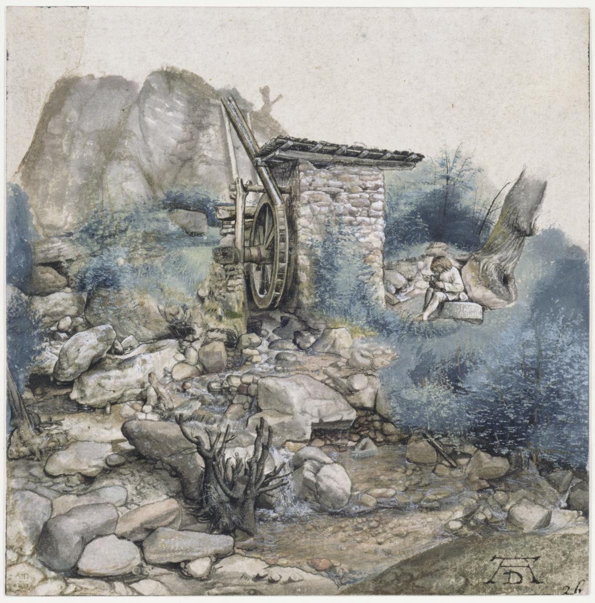 Wassermühle mit einem Zeichner