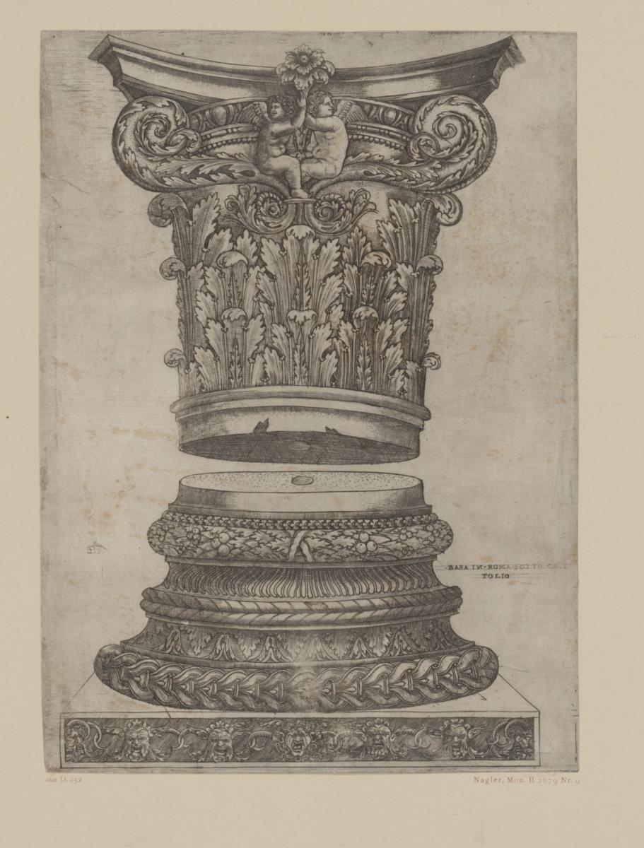Je ein korinthisches Kapitell nebst Basis. 2 Bl. bez. mit Monogr. G. P. unter der Fußangel. Nagler, Mon. II 2679, unter Meister G. A. mit der Fußangel, Nr. 7-9.