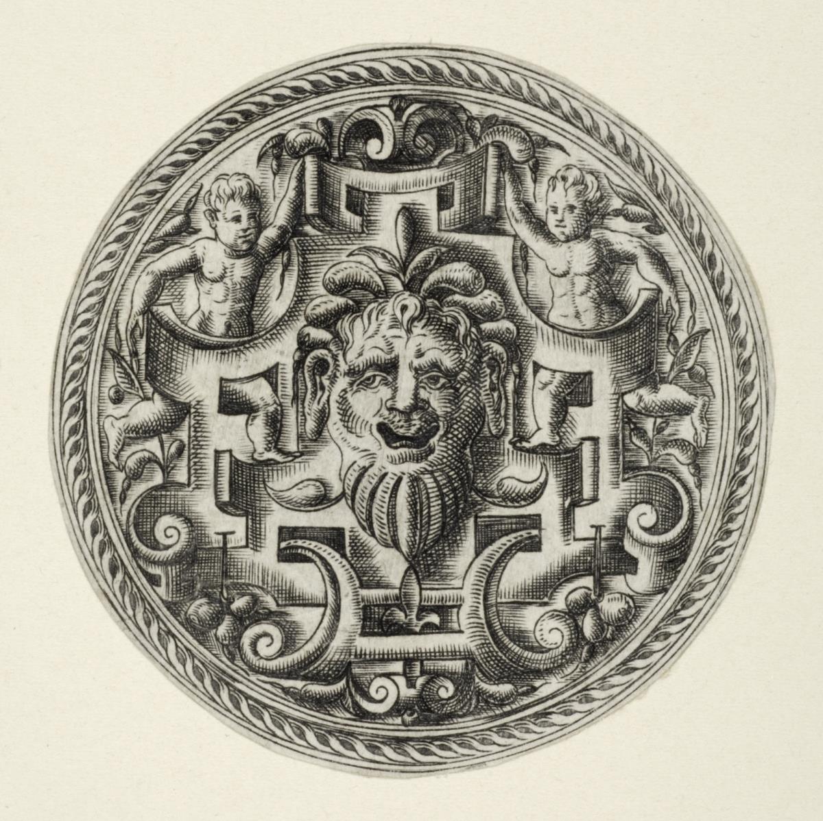 (7) 1 Blatt mit rundem Medaillon mit Rollwerk, einer Maske und zwei Kinderfiguren