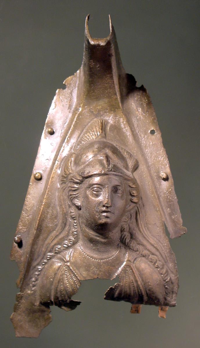 Applik von der Vorderseite eines Helmbuschs mit Büste der Athena