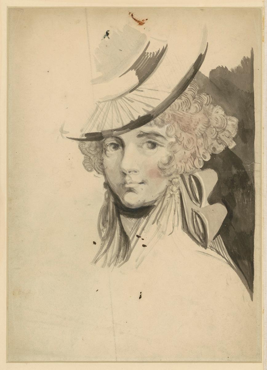 Kopf einer jungen Dame mit lockigem Haar und Hut