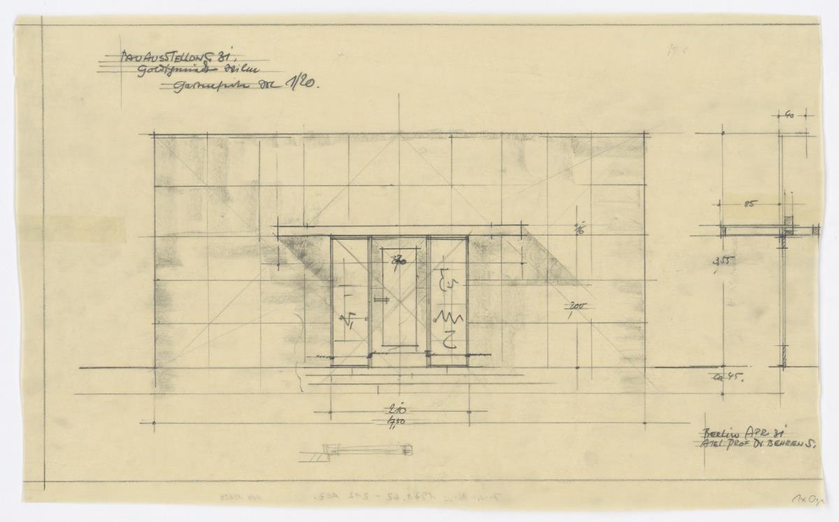 Deutsche Bauausstellung, Berlin, Kiosk Goldschmiede H.J. Wilm, Aufriss u. Profil Gartenseite