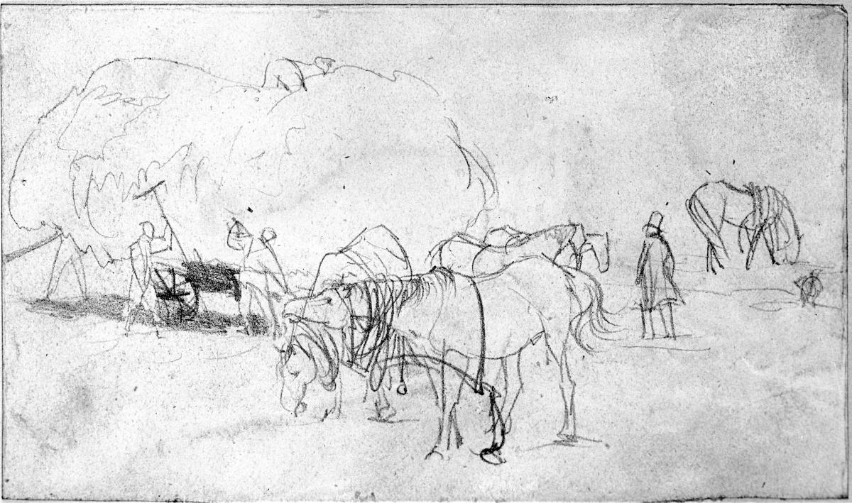 Beladener Heuwagen, Arbeiter und weidende Pferde