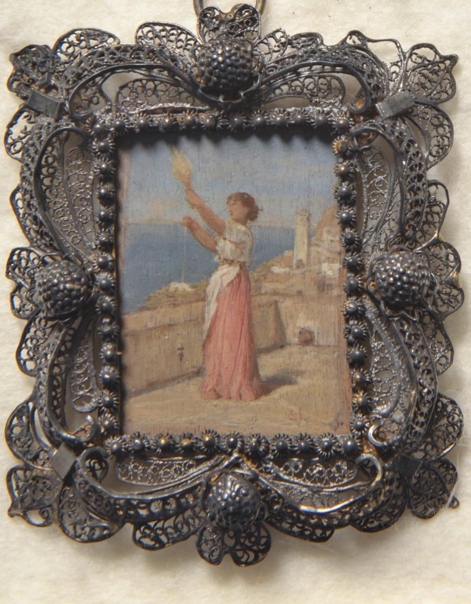 Frau mit Spinnrocken vor südlicher Stadt. Miniatur aus der Sammlung Loewe