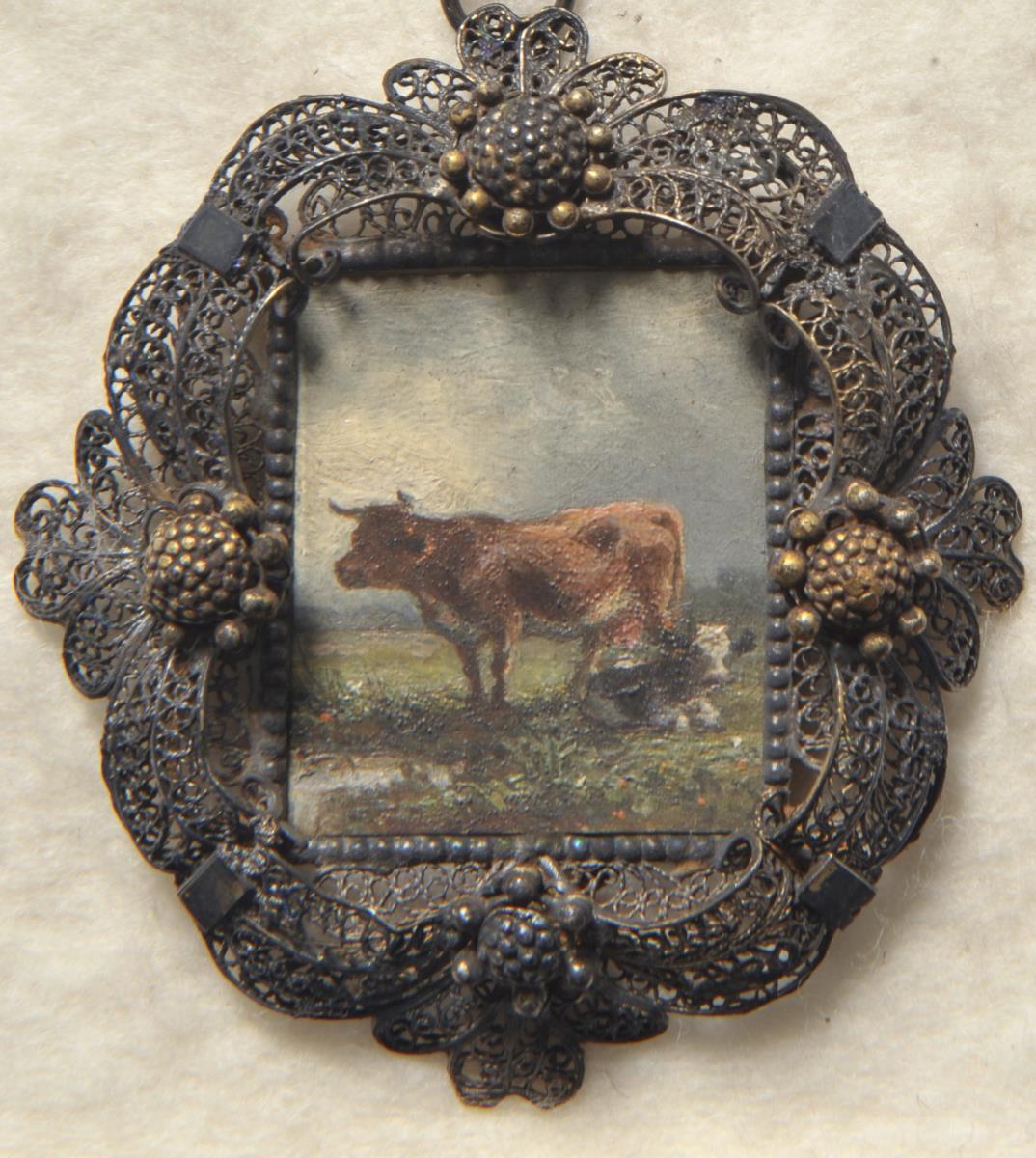 Kuh mit Kalb. Miniatur aus der Sammlung Loewe