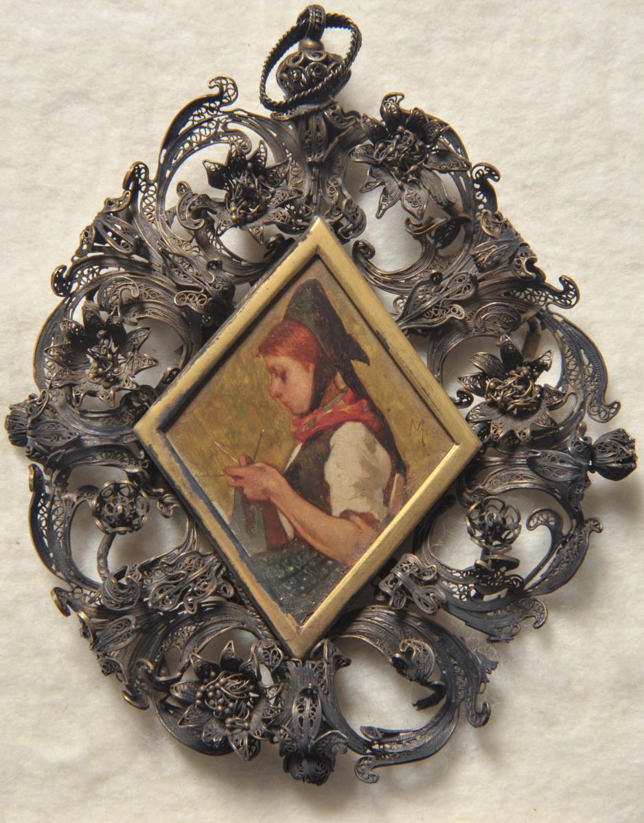 Strickendes Mädchen. Miniatur aus der Sammlung Loewe