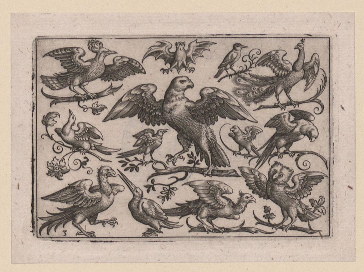 Vögel auf kleinen z.T. ornamental gestalteten Zweigen