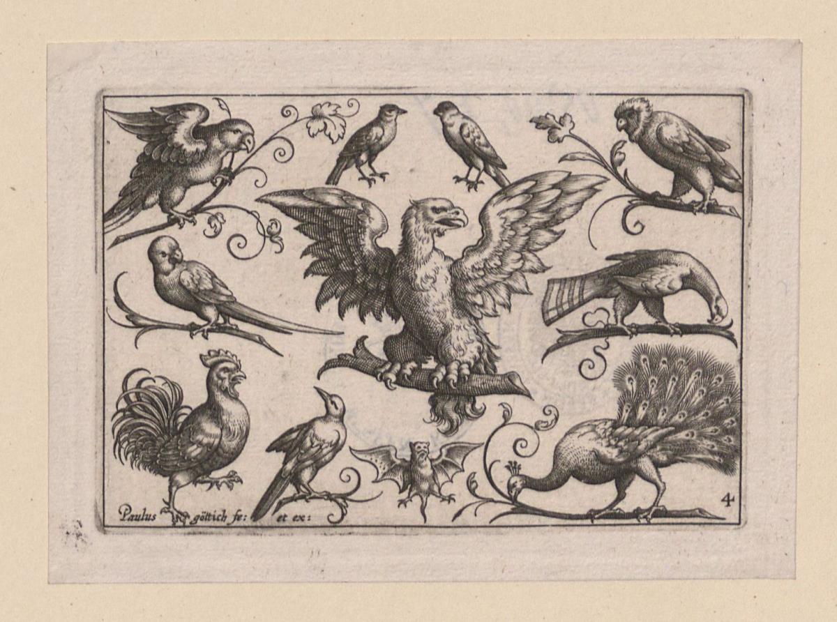 Vögel auf kleinen z.T. ornamental gestalteten Zweigen