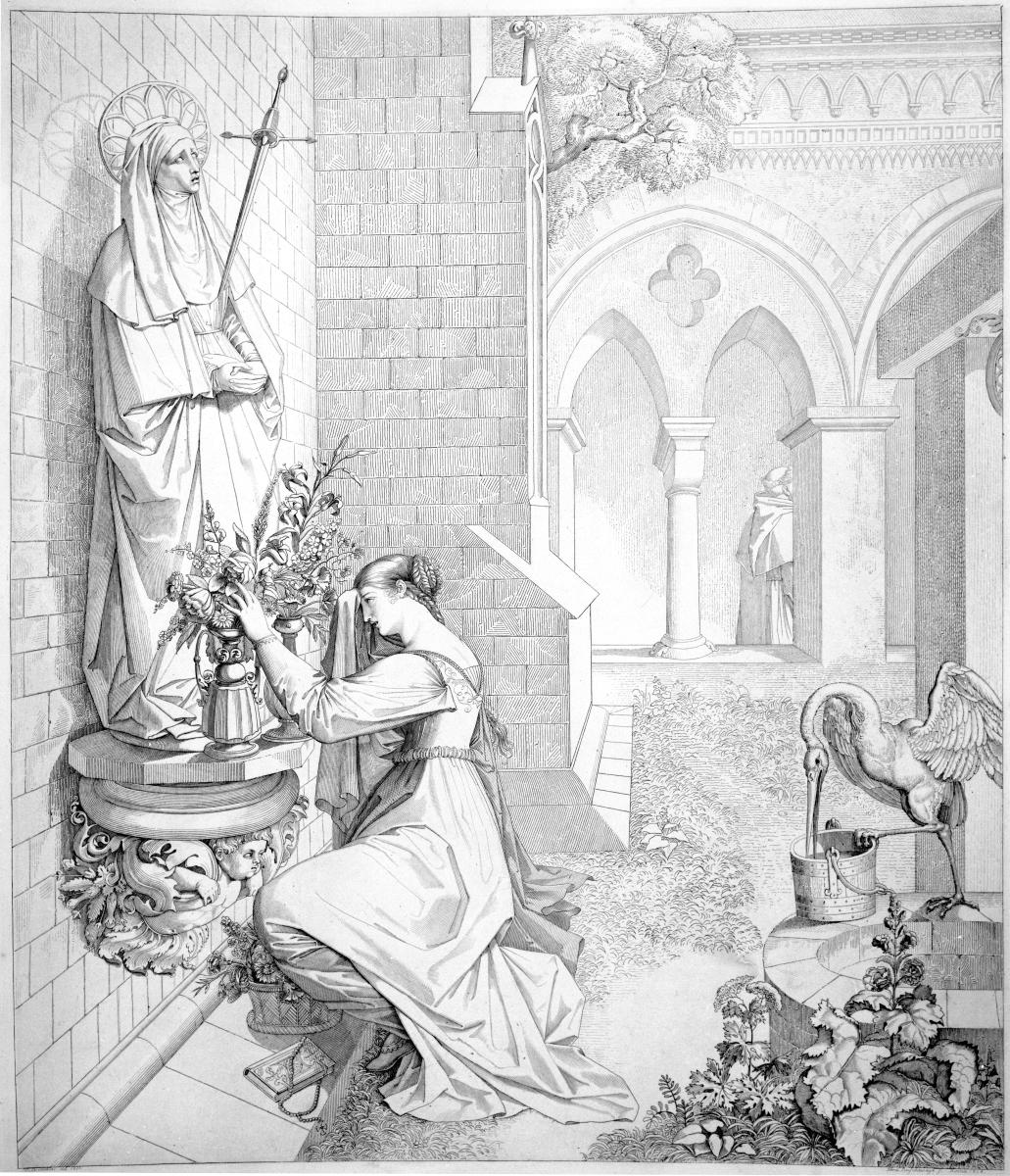 Gretchen: "Ach Du Schmerzensreiche Dein Antlitz gnädig meiner Not!" Illustration zu "Faust I", Blatt 9