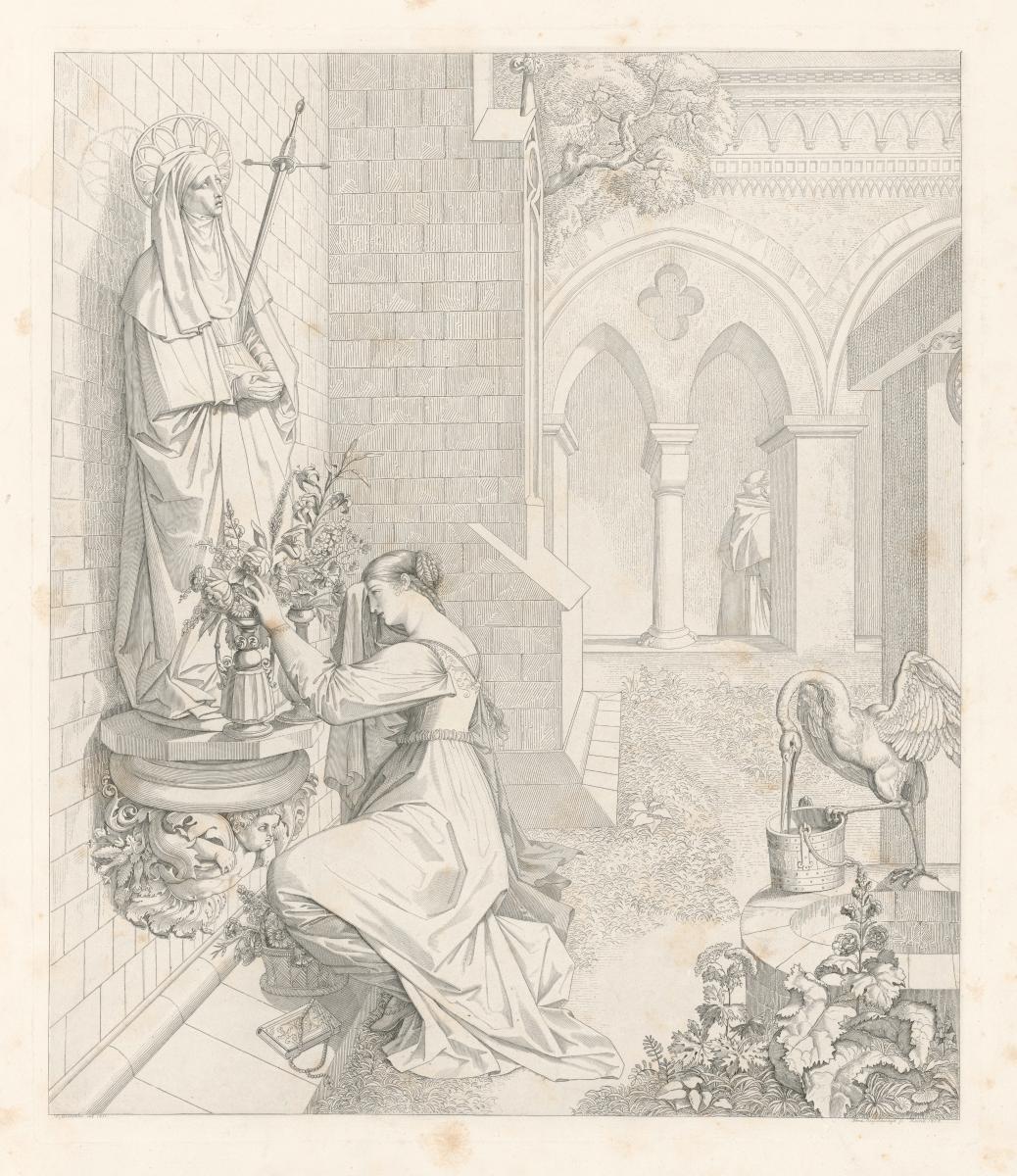 Gretchen: "Ach Du Schmerzensreiche Dein Antlitz gnädig meiner Not!" Illustration zu "Faust I", Blatt 9