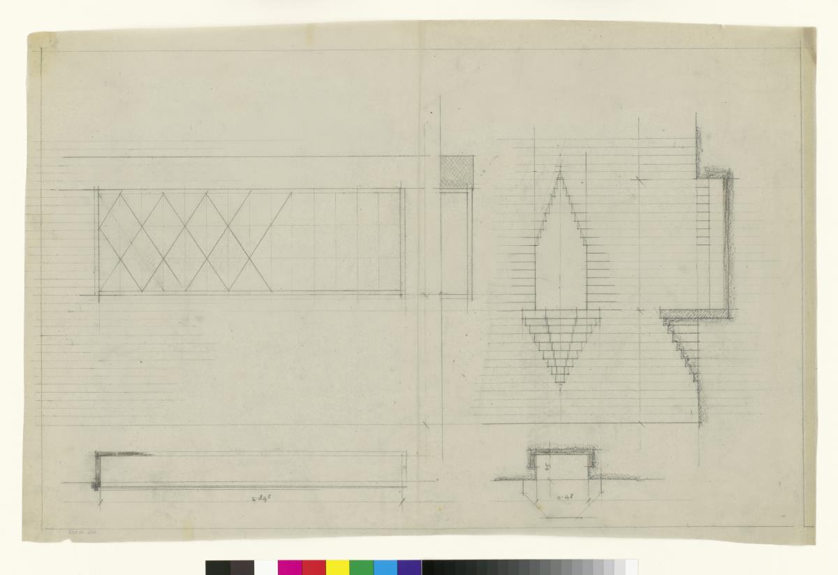 Gewerbeausstellung Dombauhütte, München, Details Mauernischen der inneren Längswand