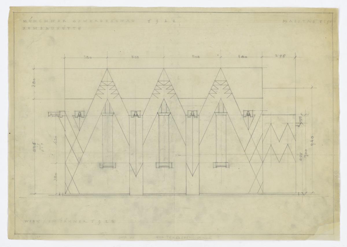 Gewerbeausstellung Dombauhütte, München, Längsschnitt, Ost-West-Schnitt