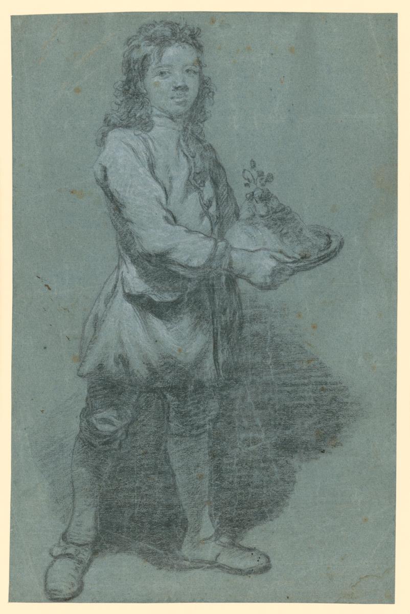 Aufwartender Knabe, in ganzer Figur, nach rechts schreitend, mit einer Kuchenschüssel in den Händen