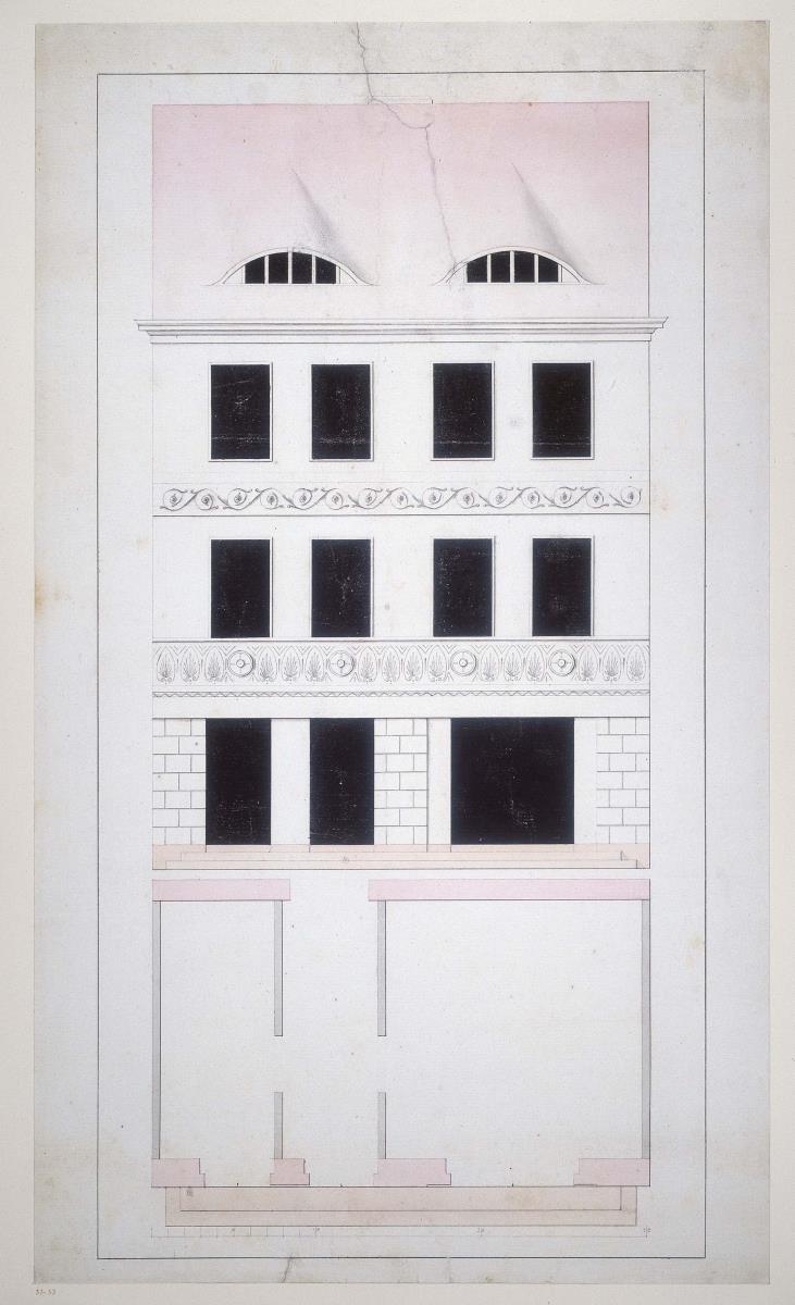 Entwurf zu einem dreigeschossigen, vierachsigen Wohnhaus mit Ladeneinbau im Erdgeschoss