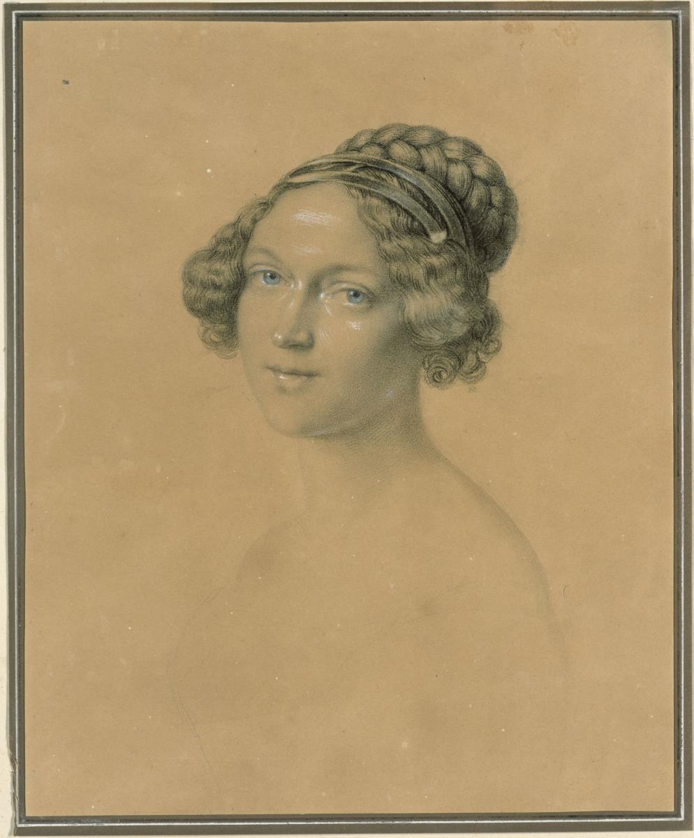 Bildnis der Frau des Künstlers, Wilhelmine Begas, geb. bock. dreiviertelansicht des Kopfes nach links gewendet
