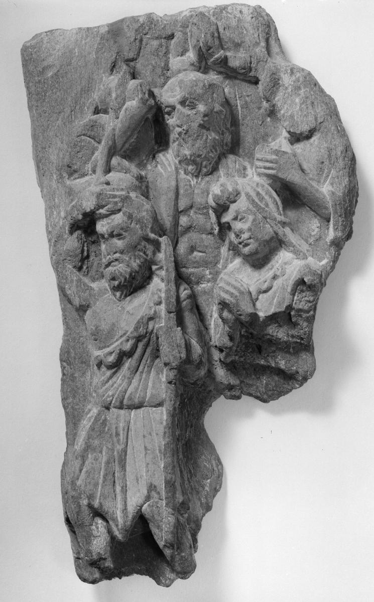 Drei Adoranten und zwei bärtige Männer (Fragment)