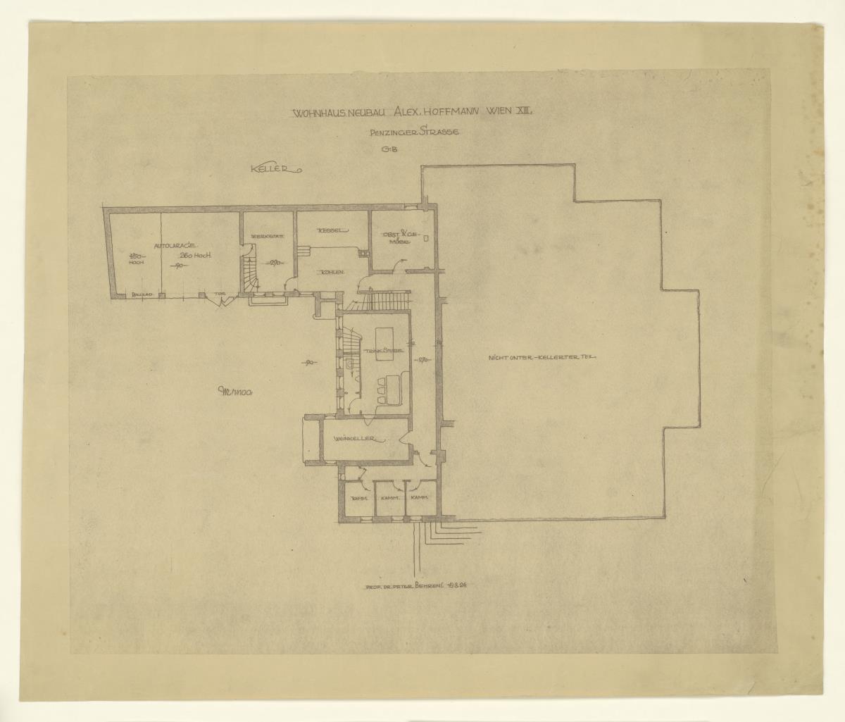 Wohnhaus Alexander Hoffmann, Wien, Keller Grundriss (Lichtpause)