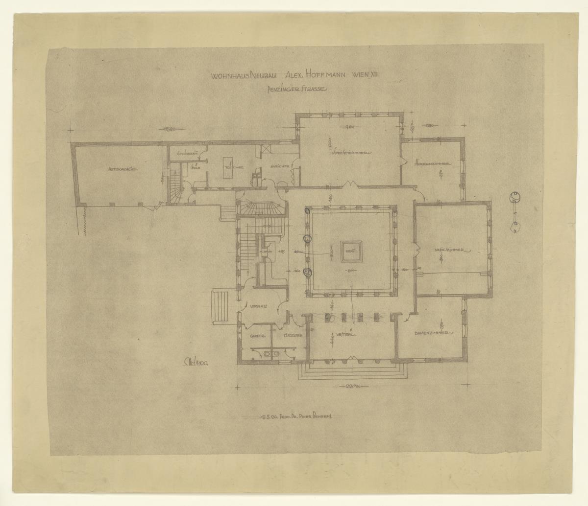 Wohnhaus Alexander Hoffmann, Wien, Erdgeschoss, Grundriss, M 1:100, Lichtpause, überzeichnet