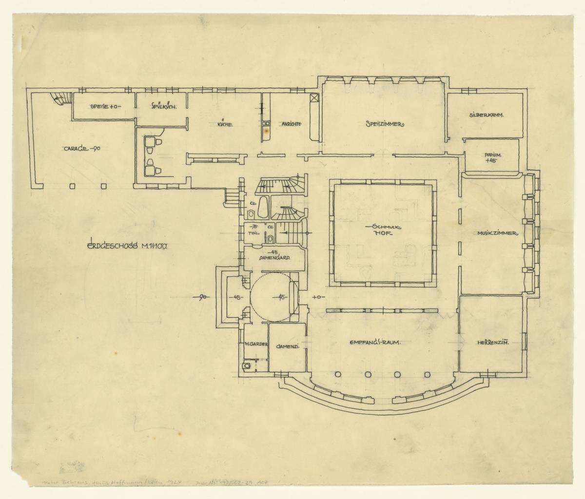 Wohnhaus Alexander Hoffmann, Wien, Erdgeschoss, Grundriss, mit Bleistiftskizzen