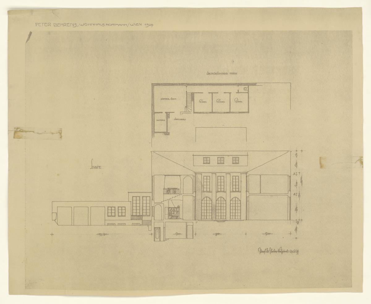 Wohnhaus Alexander Hoffmann, Wien, Dachgeschoss, Grundriss und Schnitt, Lichtpause