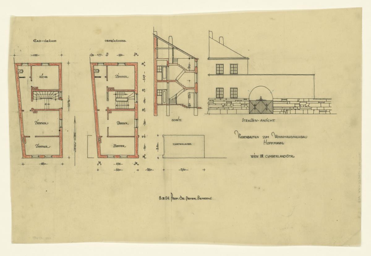 Wohnhaus Alexander Hoffmann, Wien, Nebenbauten, Grundrisse, Schnitt und Ansicht