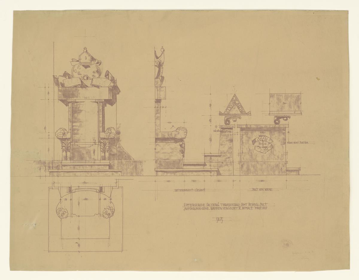 Erzabtei St. Peter, Salzburg, St. Peterskirche, Throneinbau, Pult, Grundriss und Ansichten, Lichtpause