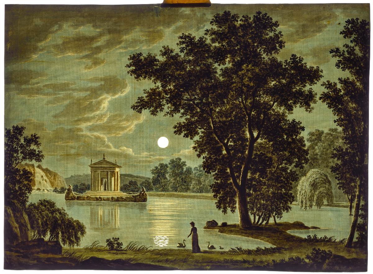Mondlandschaft. See mit Insel, ein Tempel darauf, hinten ein Wasserfall