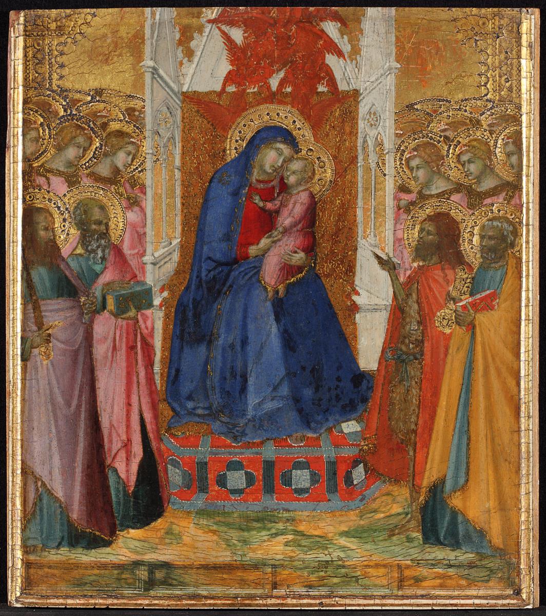 Thronende Maria mit dem Kind, anbetenden Engeln und den Heiligen Paulus, Johannes dem Evangelisten, Johannes dem Täufer und Petrus