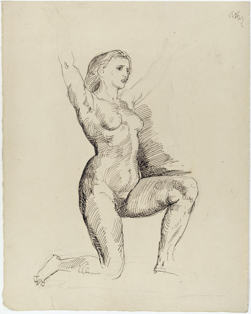 Kniender weiblicher Akt mit erhobenen Armen und Details derselben Figur (Studie zu "Der Tod Abels")