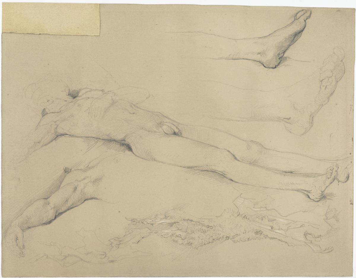 Auf dem Rücken liegender männlicher Akt, seine Füße, der rechte Arm, Skizze des Fells, auf dem die Figur im Gemälde liegt (Studie zu "Der Tod Abels")